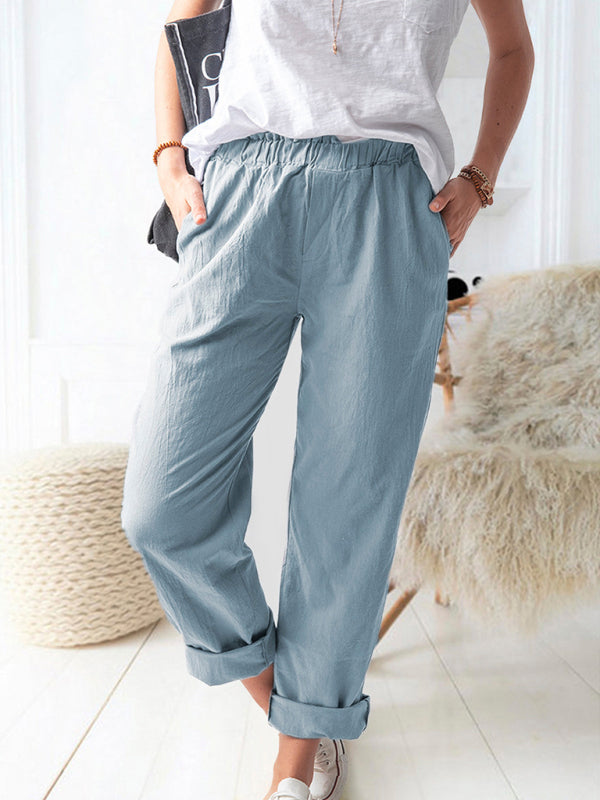New style solid color casual elastic high waist straight trousers womeTHE QUEEN RUNWAY