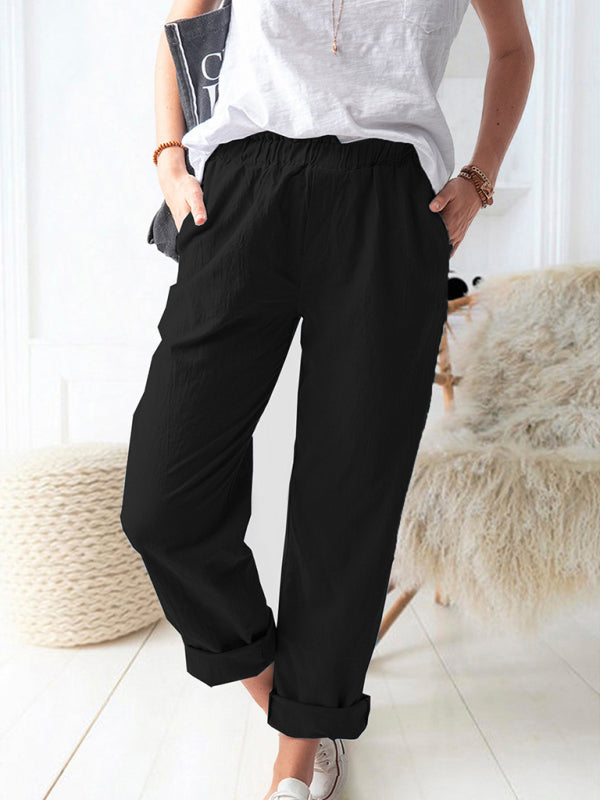 New style solid color casual elastic high waist straight trousers womeTHE QUEEN RUNWAY