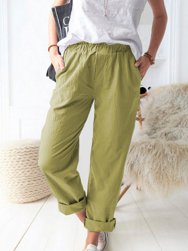 New style solid color casual elastic high waist straight trousers womeTHE QUEEN RUNWAY