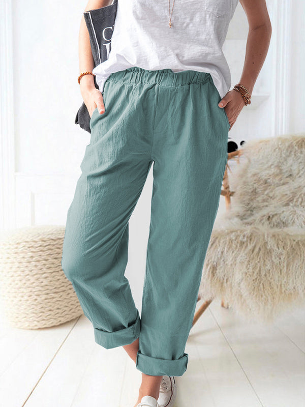 New style solid color casual elastic high waist straight trousers womeTHE QUEEN RUNWAY