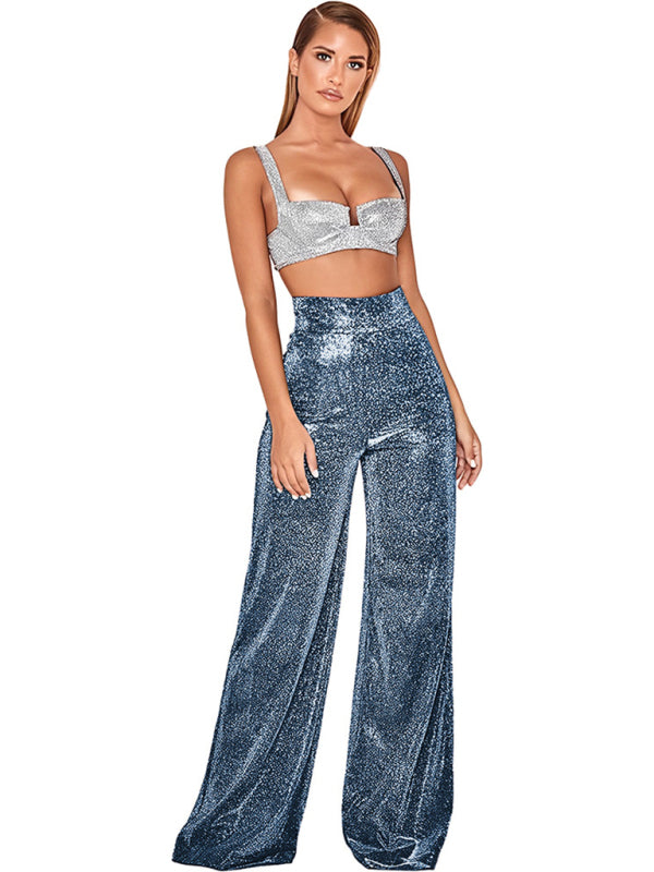 Hot Silver Wide Leg Pants High Waist Straight Ladies Casual Pants - THE QUEEN RUNWAY