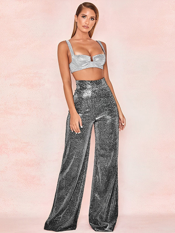 Hot Silver Wide Leg Pants High Waist Straight Ladies Casual Pants - THE QUEEN RUNWAY