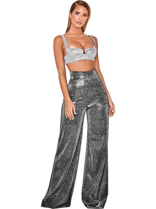 Hot Silver Wide Leg Pants High Waist Straight Ladies Casual Pants - THE QUEEN RUNWAY