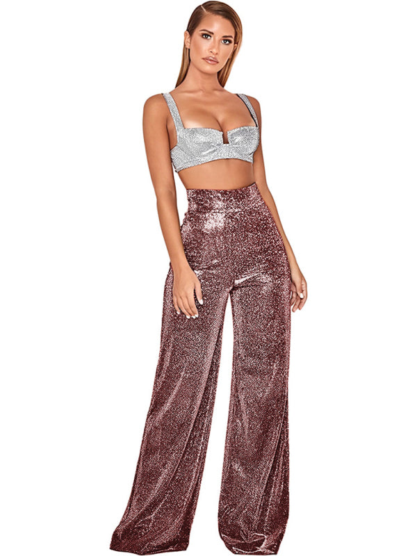 Hot Silver Wide Leg Pants High Waist Straight Ladies Casual Pants - THE QUEEN RUNWAY