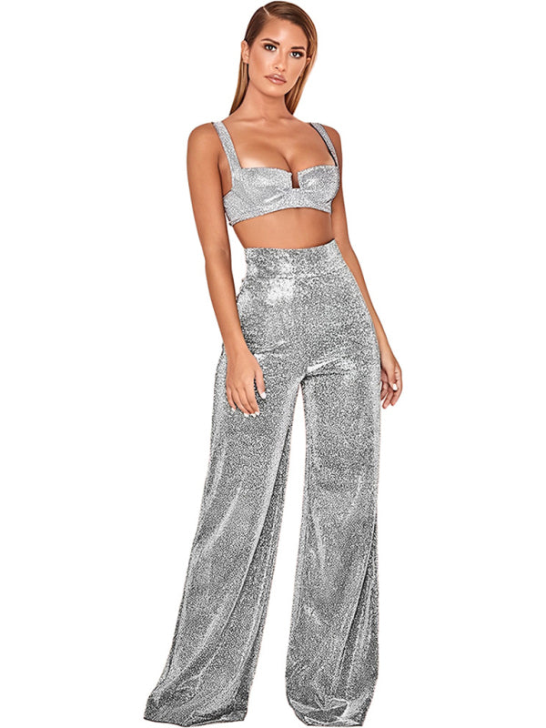 Hot Silver Wide Leg Pants High Waist Straight Ladies Casual Pants - THE QUEEN RUNWAY