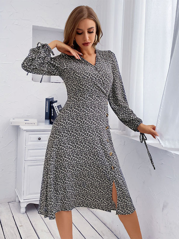 Women's Floral Print Puff Sleeves With Tie Faux Wrap A-line Midi DressTHE QUEEN RUNWAY