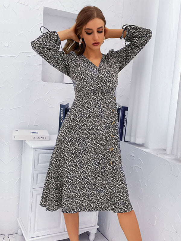 Women's Floral Print Puff Sleeves With Tie Faux Wrap A-line Midi DressTHE QUEEN RUNWAY