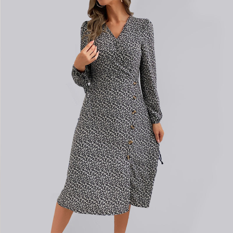 Women's Floral Print Puff Sleeves With Tie Faux Wrap A-line Midi DressTHE QUEEN RUNWAY
