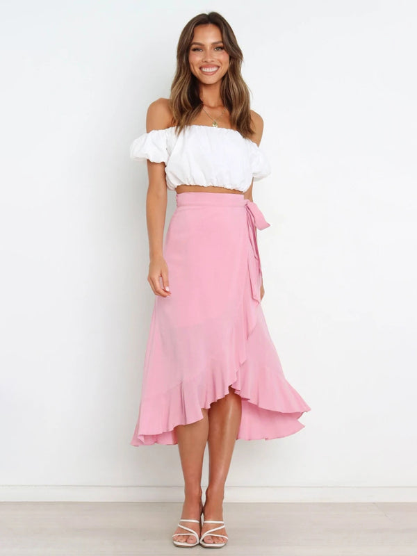 One Piece Tie Long Skirt Irregular Cover Hip Solid Color SkirtTHE QUEEN RUNWAY