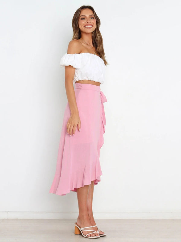 One Piece Tie Long Skirt Irregular Cover Hip Solid Color SkirtTHE QUEEN RUNWAY