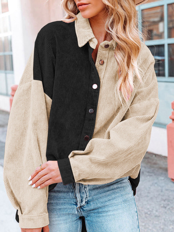 Women's Mixed Solid Color And Corduroy Fabrication Buttoned Shirt - THE QUEEN RUNWAY