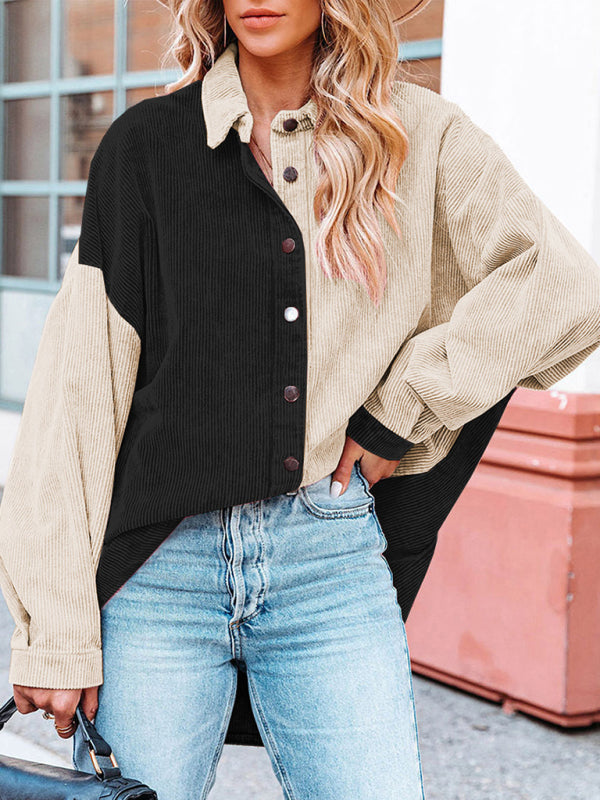 Women's Mixed Solid Color And Corduroy Fabrication Buttoned Shirt - THE QUEEN RUNWAY