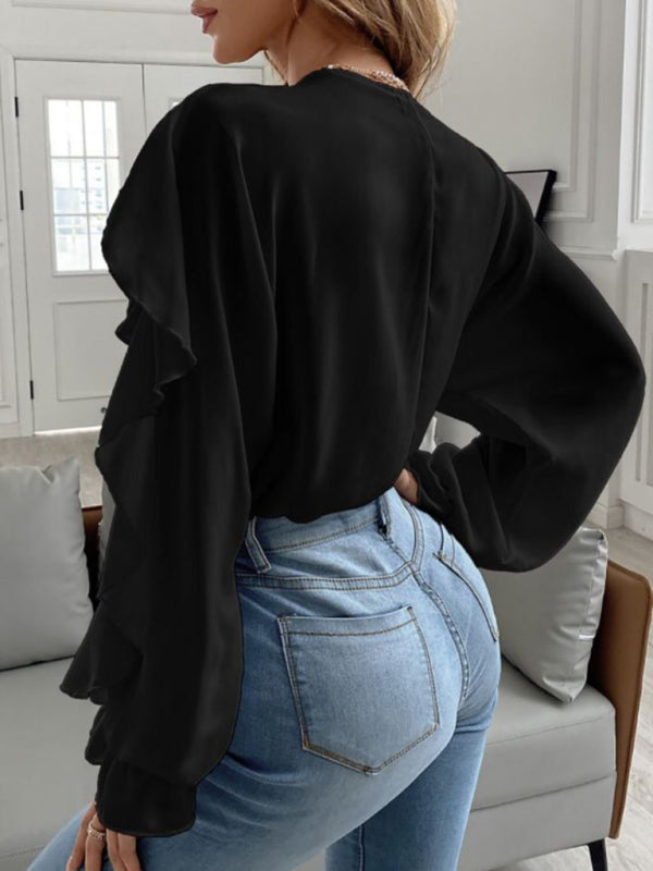 V Neck Ruffle Top Shirt Long SleevesTHE QUEEN RUNWAY