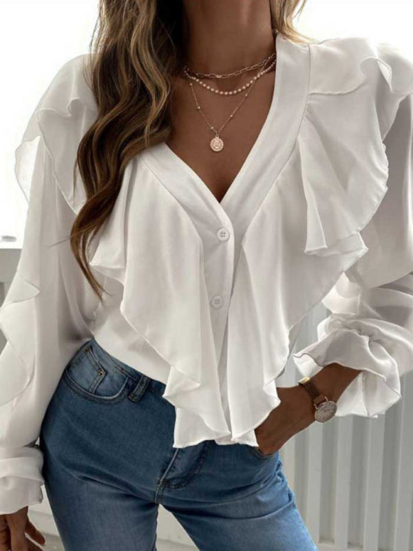 V Neck Ruffle Top Shirt Long SleevesTHE QUEEN RUNWAY