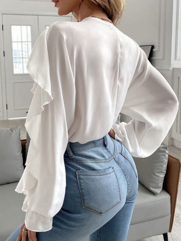 V Neck Ruffle Top Shirt Long SleevesTHE QUEEN RUNWAY