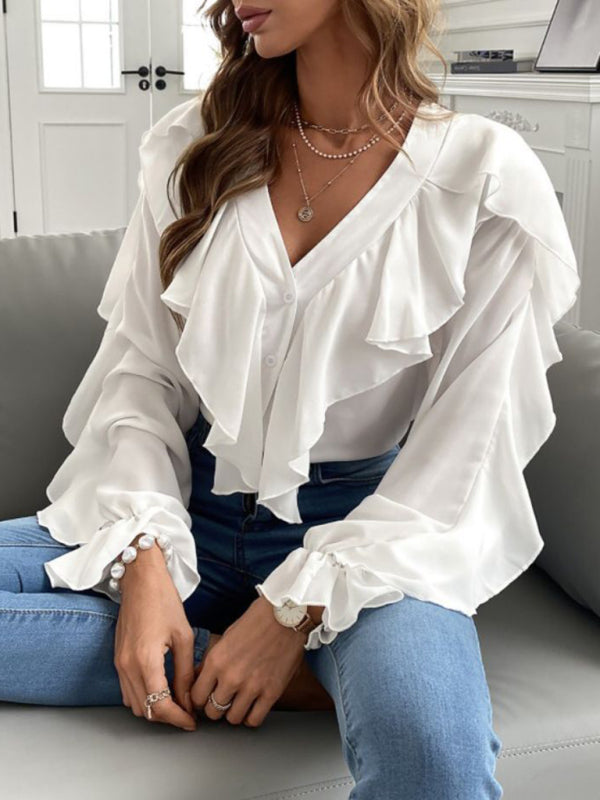 V Neck Ruffle Top Shirt Long SleevesTHE QUEEN RUNWAY