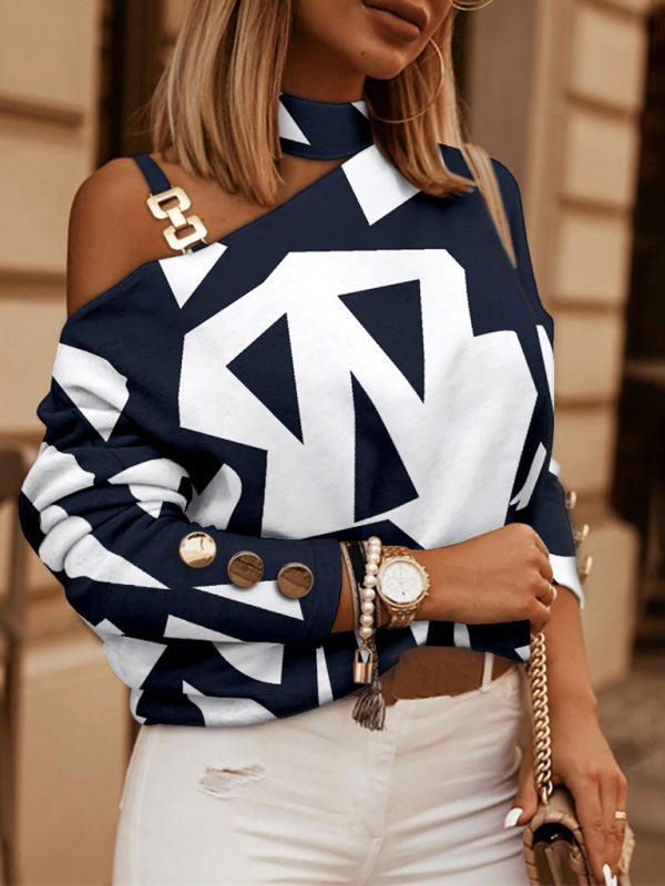 Check Geometric Pattern Print Long Sleeve Chain Halter Print Button Top - THE QUEEN RUNWAY