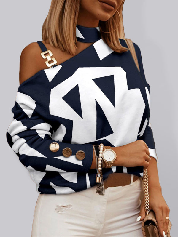 Check Geometric Pattern Print Long Sleeve Chain Halter Print Button Top - THE QUEEN RUNWAY