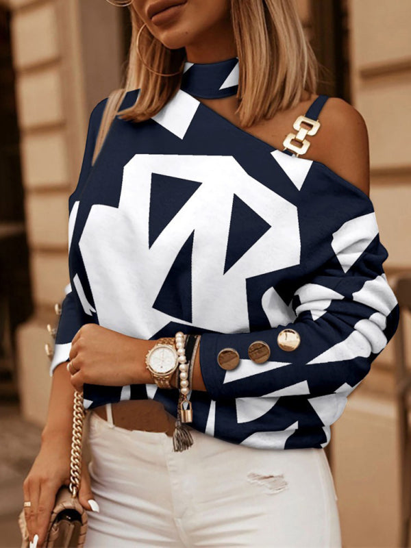 Check Geometric Pattern Print Long Sleeve Chain Halter Print Button Top - THE QUEEN RUNWAY