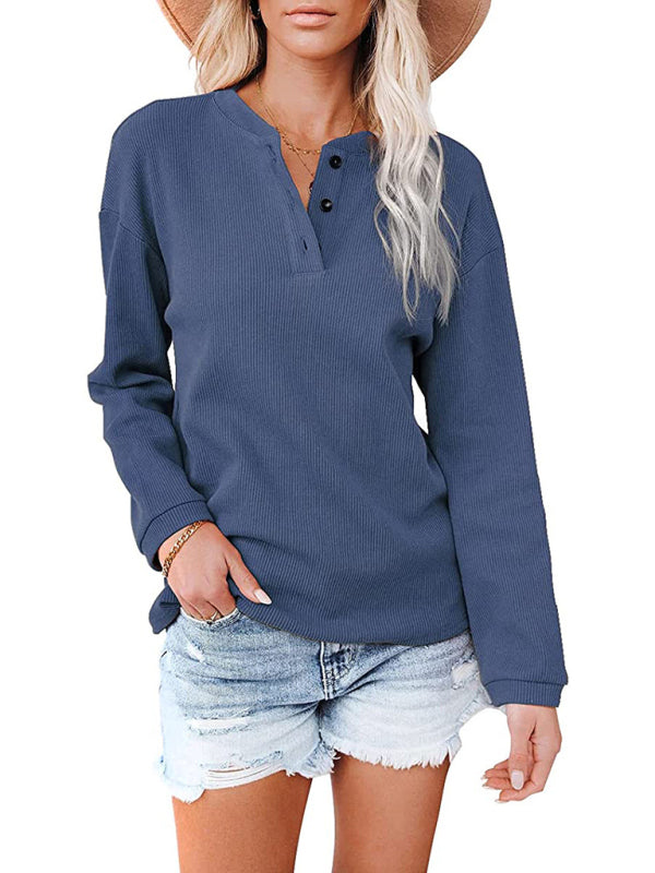 Women's Clothes Amazon Hot Style V-neck Solid Color Long-sleeved Top TTHE QUEEN RUNWAY
