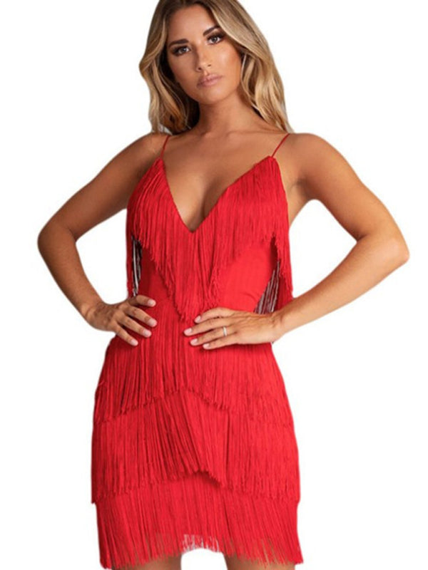 Sexy Dress Tassel Stitching Sexy Backless Evening Dress Deep V Neck DrTHE QUEEN RUNWAY