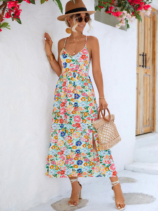 Women's Floral Backless Slit Slip DressTHE QUEEN RUNWAY