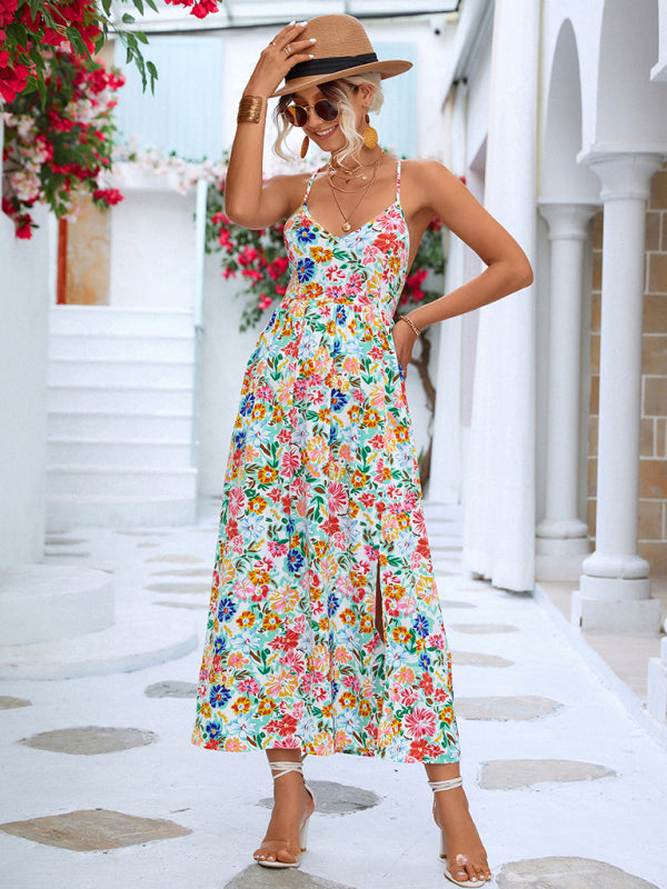 Women's Floral Backless Slit Slip DressTHE QUEEN RUNWAY