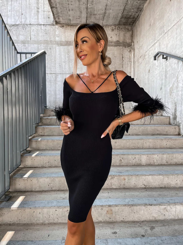 Women's Knitted Sexy One-Line Neck Fur Sleeve DressTHE QUEEN RUNWAY