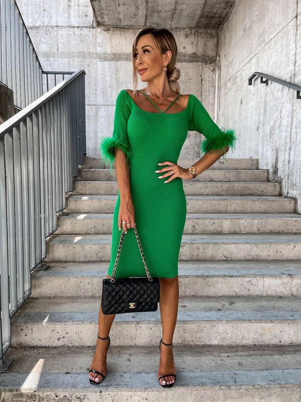 Women's Knitted Sexy One-Line Neck Fur Sleeve DressTHE QUEEN RUNWAY