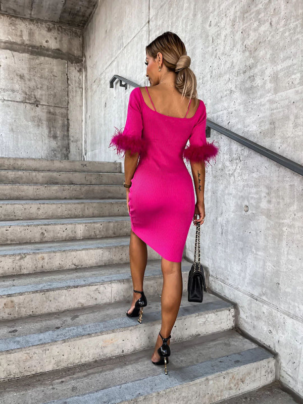 Women's Knitted Sexy One-Line Neck Fur Sleeve DressTHE QUEEN RUNWAY