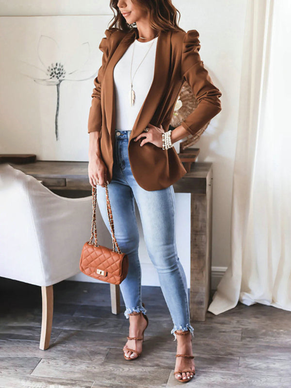 Women's casual commuting long-sleeved shoulder pad puff sleeve slim suit - THE QUEEN RUNWAY