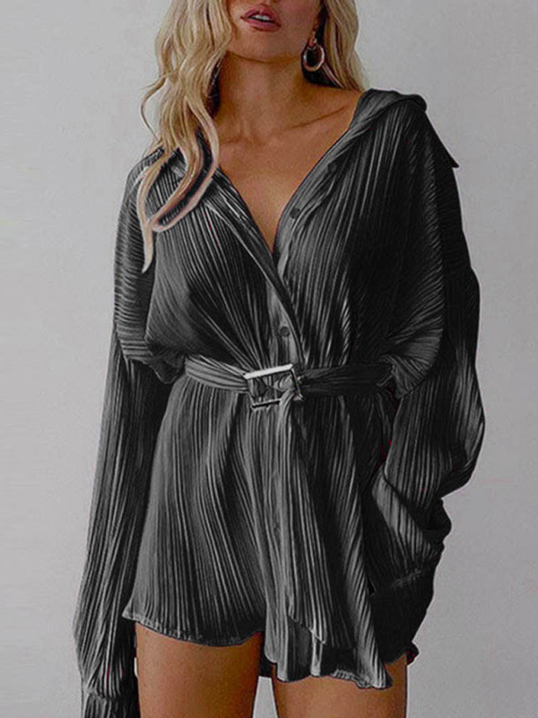 Pleated Long Sleeve Belted Shirt Casual Fashion DressTHE QUEEN RUNWAY