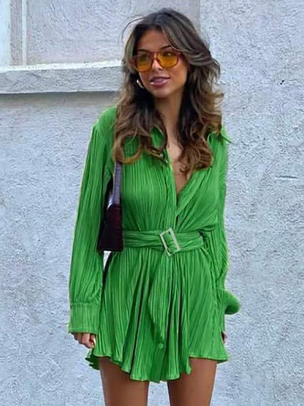 Pleated Long Sleeve Belted Shirt Casual Fashion DressTHE QUEEN RUNWAY