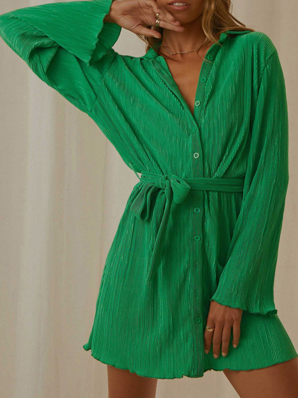 Pleated Long Sleeve Belted Shirt Casual Fashion DressTHE QUEEN RUNWAY