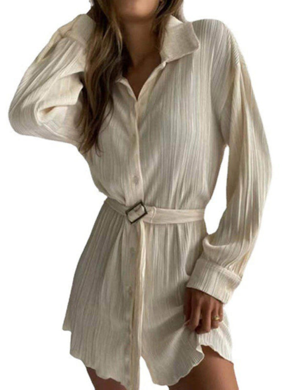 Pleated Long Sleeve Belted Shirt Casual Fashion DressTHE QUEEN RUNWAY