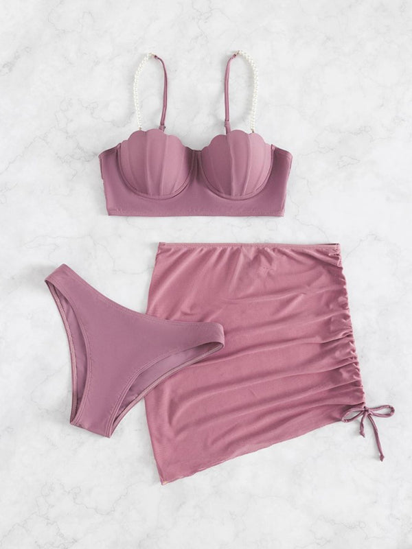 Women's solid color shell shape bikini three-piece setsTHE QUEEN RUNWAY