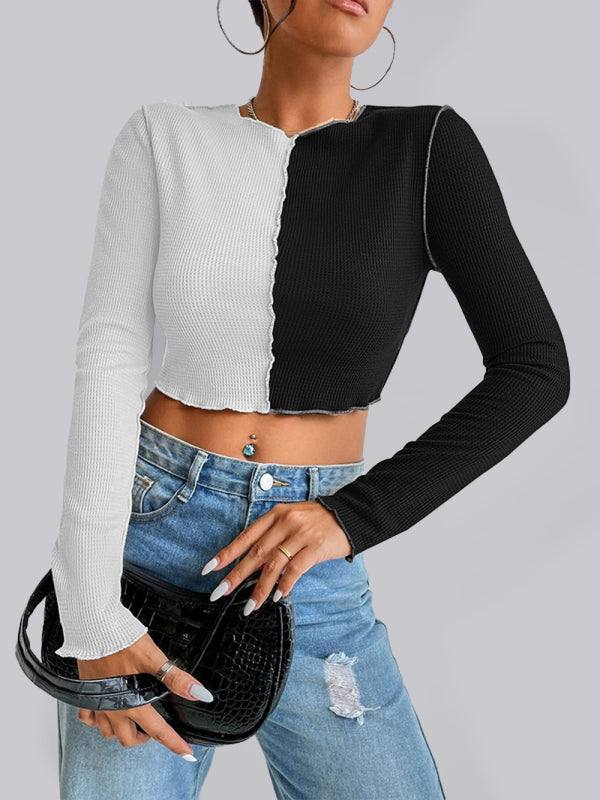 Women's Casual Colorblock Waffle Shorts Long Sleeve T-ShirtTHE QUEEN RUNWAY