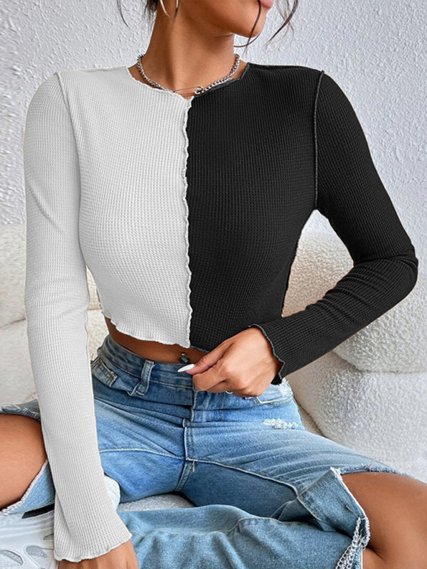 Women's Casual Colorblock Waffle Shorts Long Sleeve T-ShirtTHE QUEEN RUNWAY