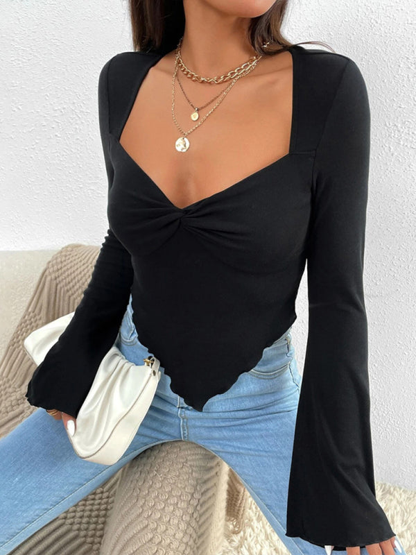 Women's knitted sexy sweetheart collar trumpet sleeve irregular long-sleeved T-shirt - THE QUEEN RUNWAY