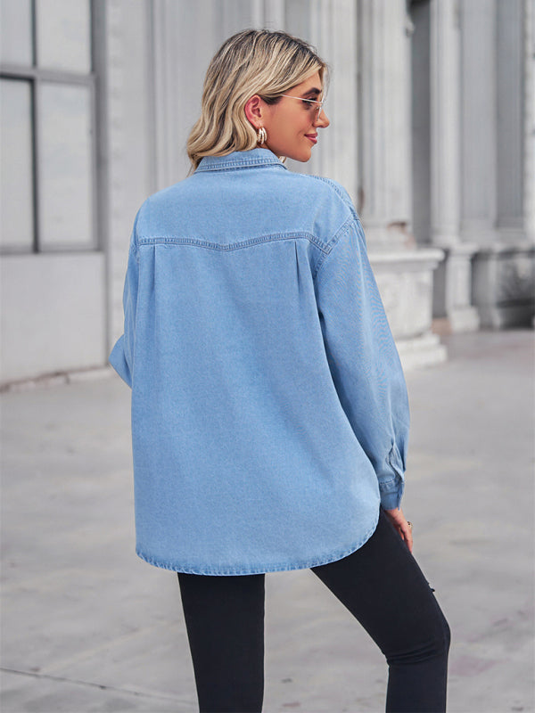 New light-colored thin denim long-sleeved shirt for womenTHE QUEEN RUNWAY