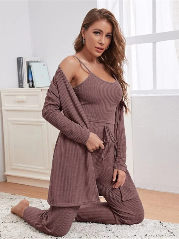 Loungewear Women's Waffle Knit Long Three-Piece SuitTHE QUEEN RUNWAY