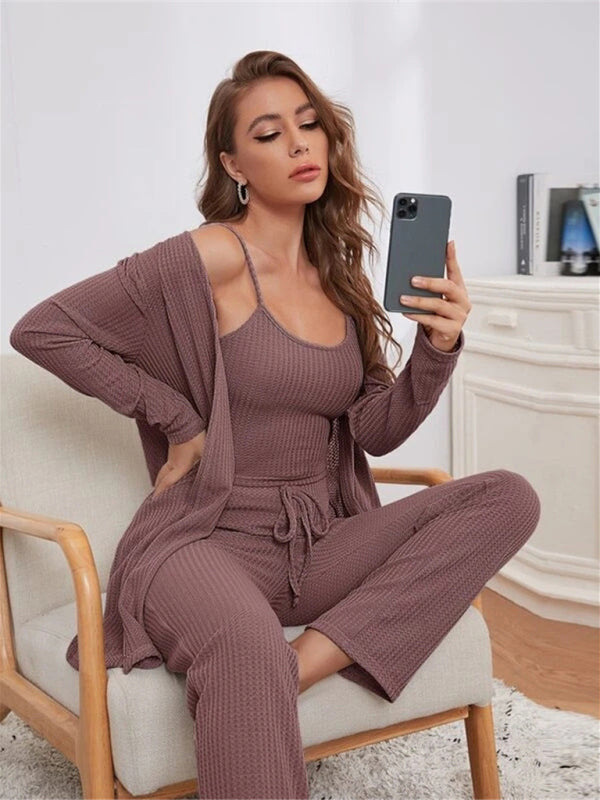 Loungewear Women's Waffle Knit Long Three-Piece SuitTHE QUEEN RUNWAY