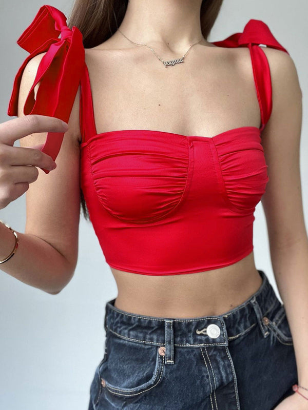 Pleated low-cut sexy strappy slim camisole with pleated neckline - THE QUEEN RUNWAY