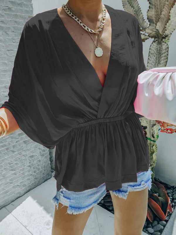 New style cotton V-neck elastic waist casual fashion short-sleeved shiTHE QUEEN RUNWAY
