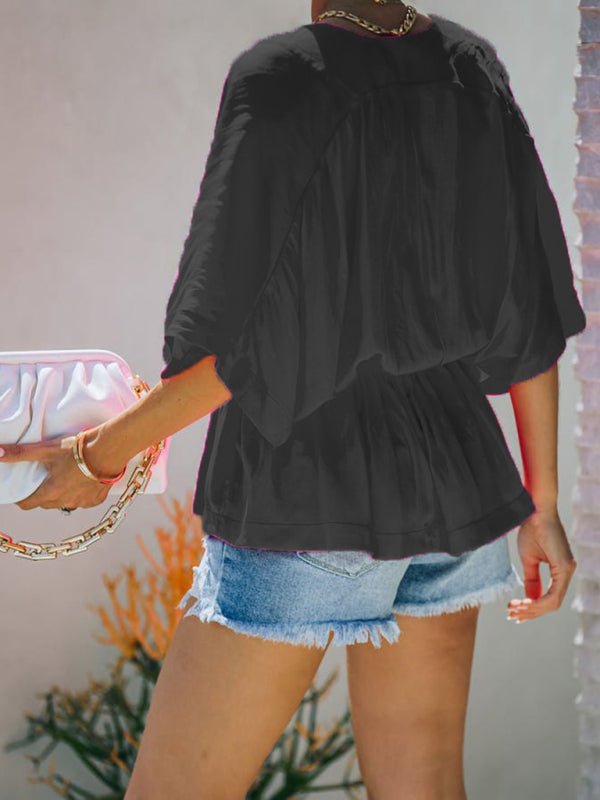 New style cotton V-neck elastic waist casual fashion short-sleeved shiTHE QUEEN RUNWAY