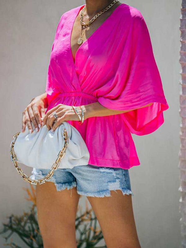 New style cotton V-neck elastic waist casual fashion short-sleeved shiTHE QUEEN RUNWAY