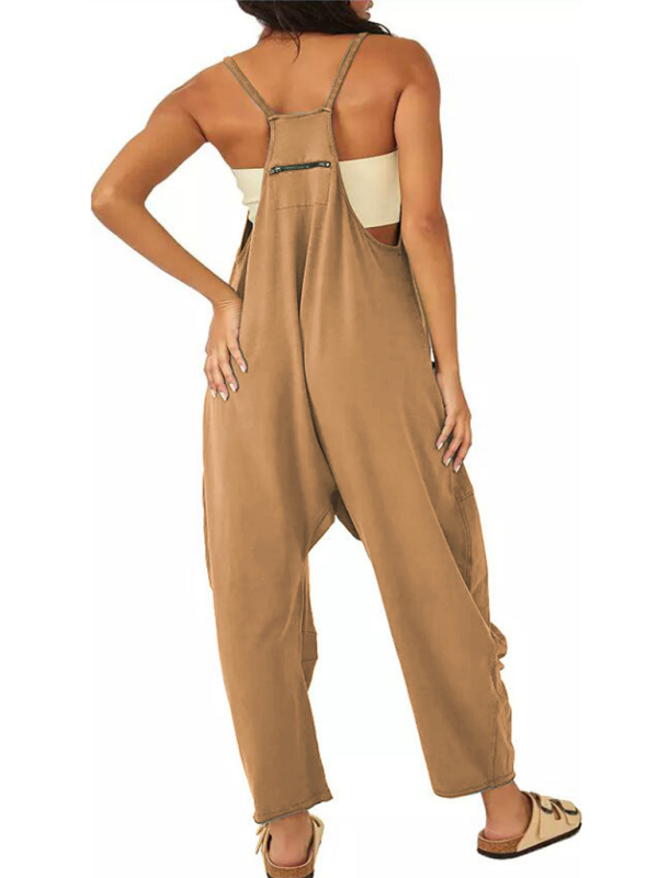 Women's casual solid color V-neck suspender pocket jumpsuitTHE QUEEN RUNWAY
