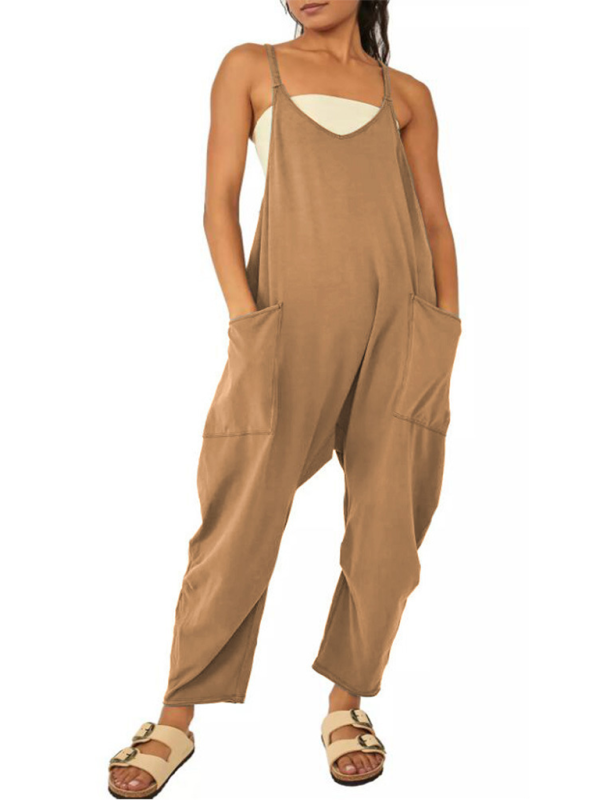 Women's casual solid color V-neck suspender pocket jumpsuitTHE QUEEN RUNWAY