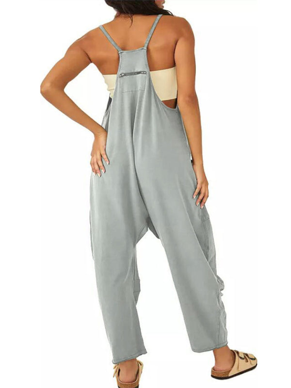 Women's casual solid color V-neck suspender pocket jumpsuitTHE QUEEN RUNWAY