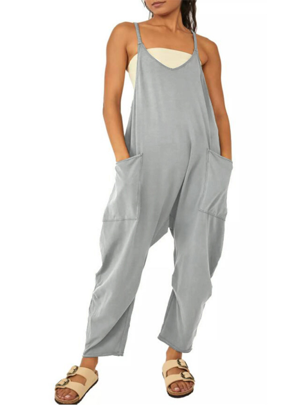 Women's casual solid color V-neck suspender pocket jumpsuitTHE QUEEN RUNWAY